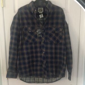 Blue and Orange Plaid Button-Up ShirtMens Large flannel shirt by Bay Trading